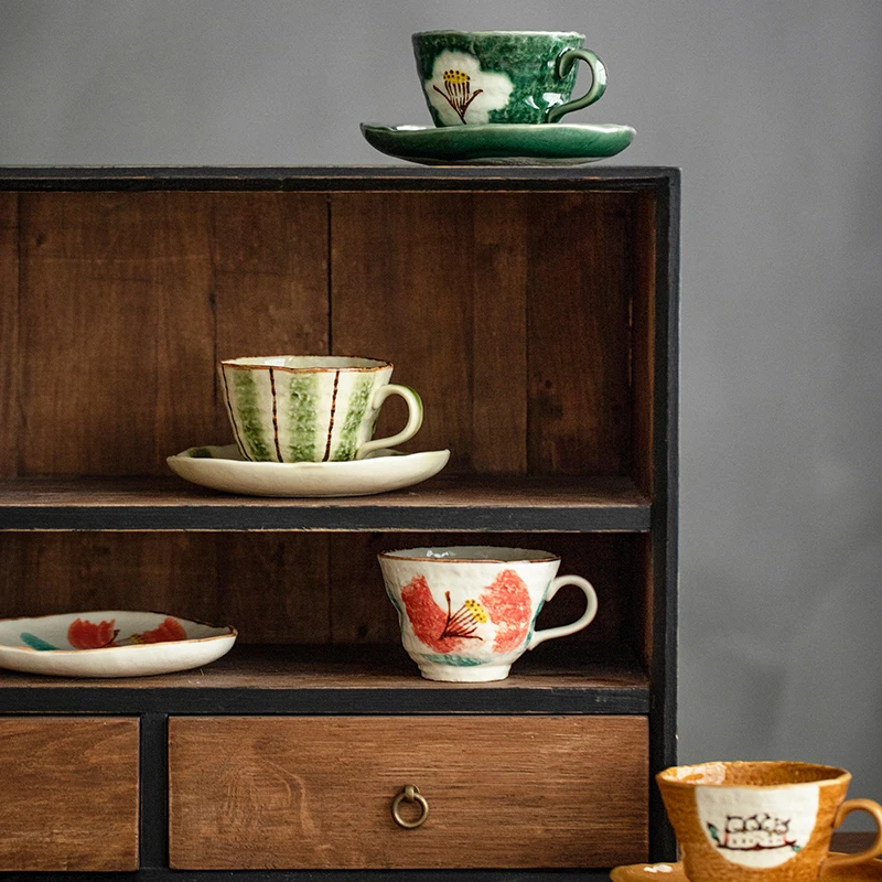 日本进口织部手绘套杯日式家用手工日式精致陶瓷杯子套装一杯一碟