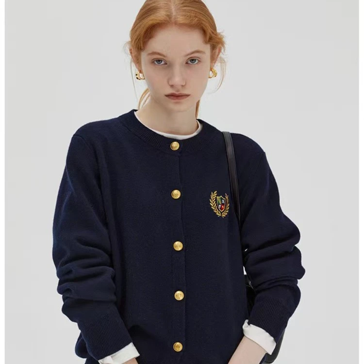 百搭圆领麦穗外套盾牌刺绣休闲时尚针织毛衣开衫宽松春秋女