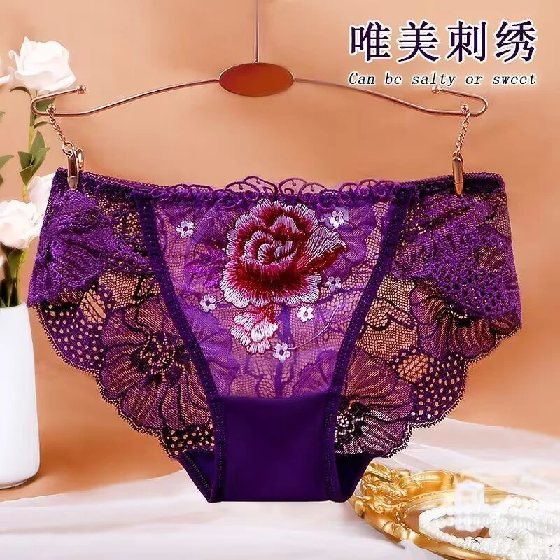 夏季性感女士三角裤国风刺绣爆款时尚透气蕾丝花边高级感蕾丝内裤