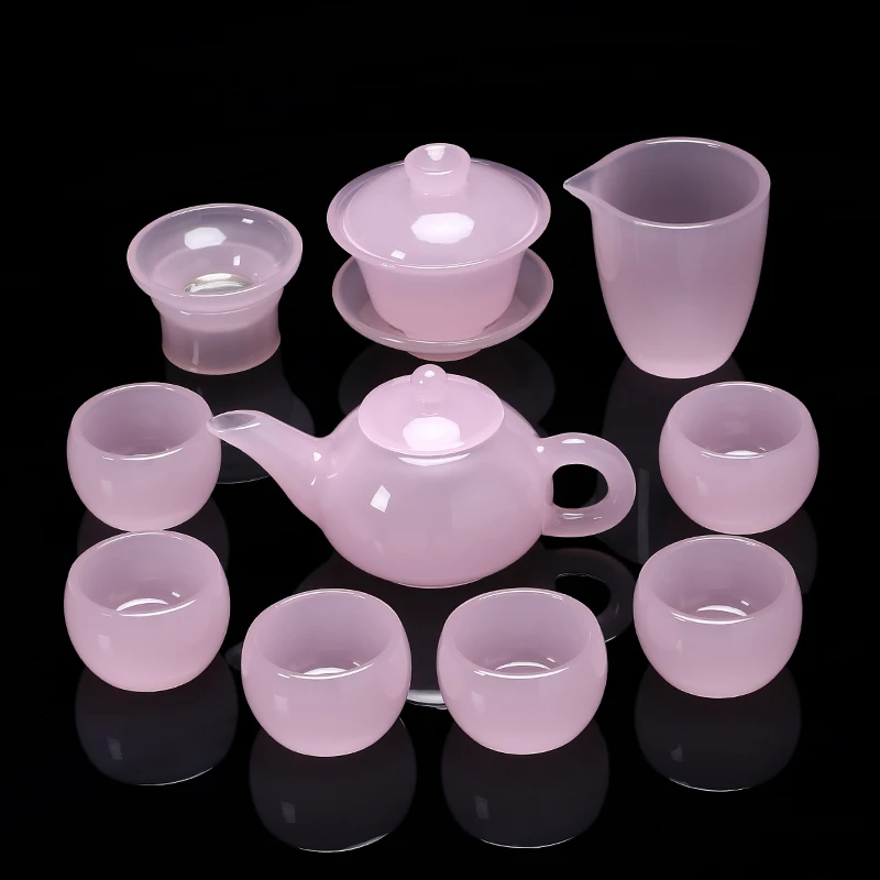 粉色琉璃玉瓷功夫茶具套装家用办公室高档女士盖碗茶壶泡茶器套装