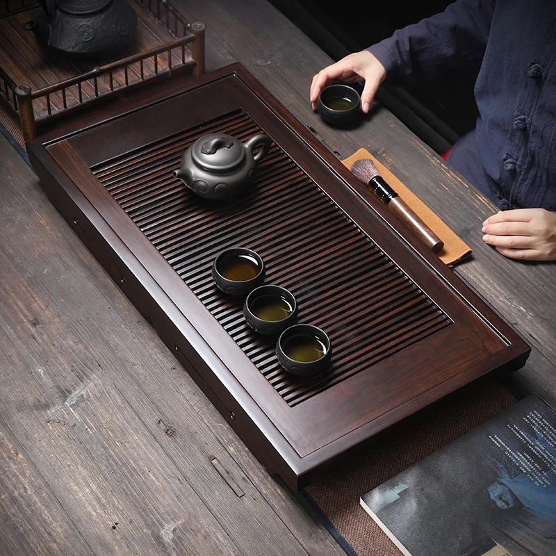 家用黑檀木实木茶盘茶台茶海不锈钢蓄水排水双用底盘简约茶台茶盘