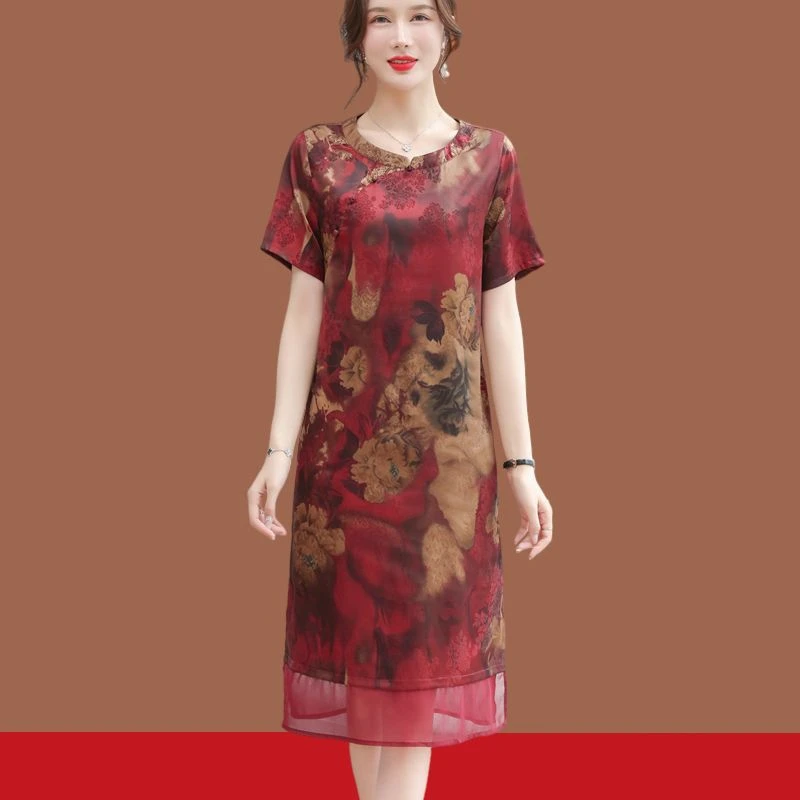品哥弟新款中老年真丝连衣裙女夏宽松遮肚子民族风印花桑蚕丝裙子