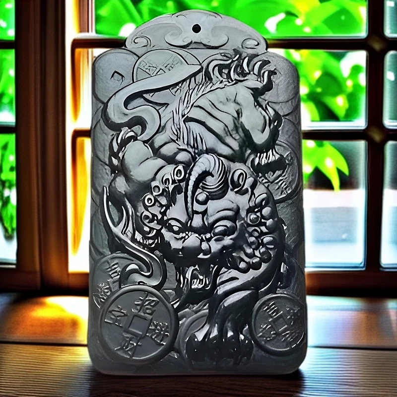 和田玉青玉霸王貔貅吊坠双面精雕貔貅挂坠时尚美如画雕刻貔貅挂件