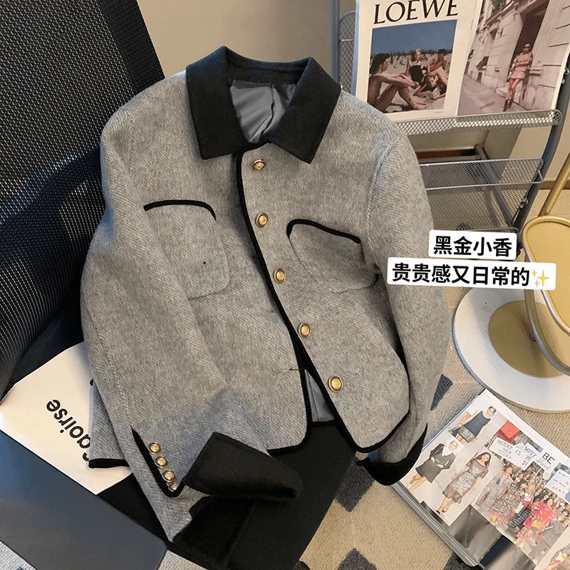 小香风撞色翻领毛呢外套女2024年秋冬新款高级感韩系气质短款上衣