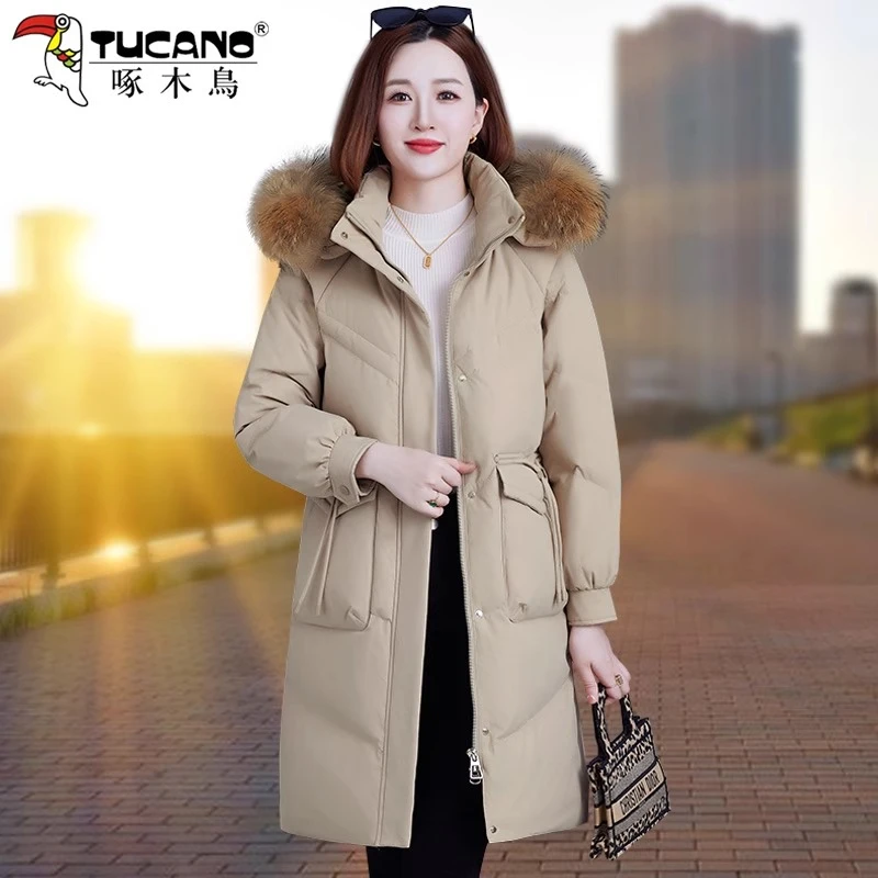 【官方】啄木鸟白鸭绒羽绒服女冬季2025新款中长款妈妈装真毛领外套