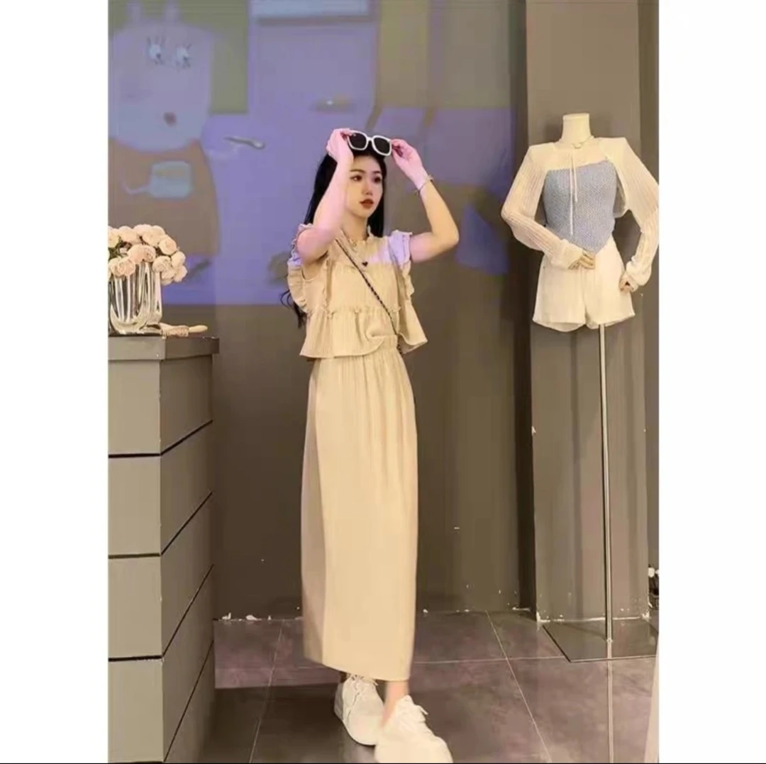 2024夏季新款无袖套装立领花边压褶上衣茶系穿搭松紧阔腿裤一整套