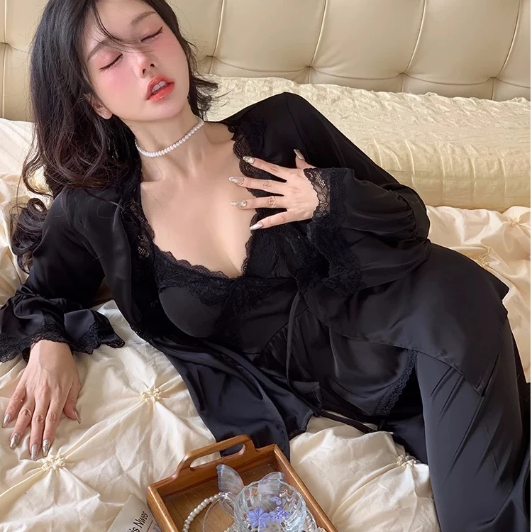 法式高级感套装冰丝春秋新款蕾丝网红纯欲风新款三件套带胸垫睡衣