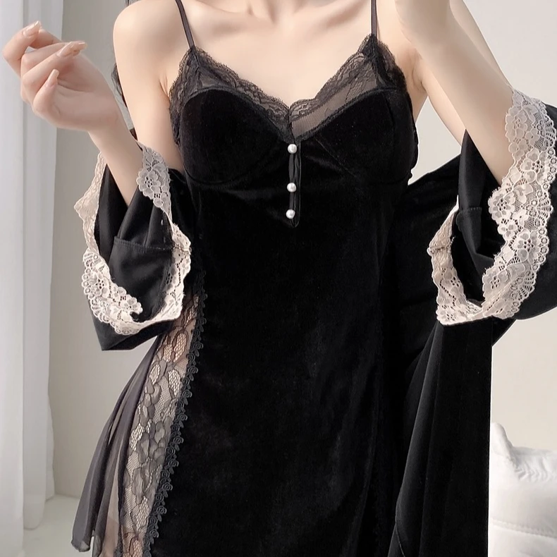 性感睡衣纯欲女款秋冬新款金丝绒情调纯欲吊带睡裙睡袍套装带胸垫