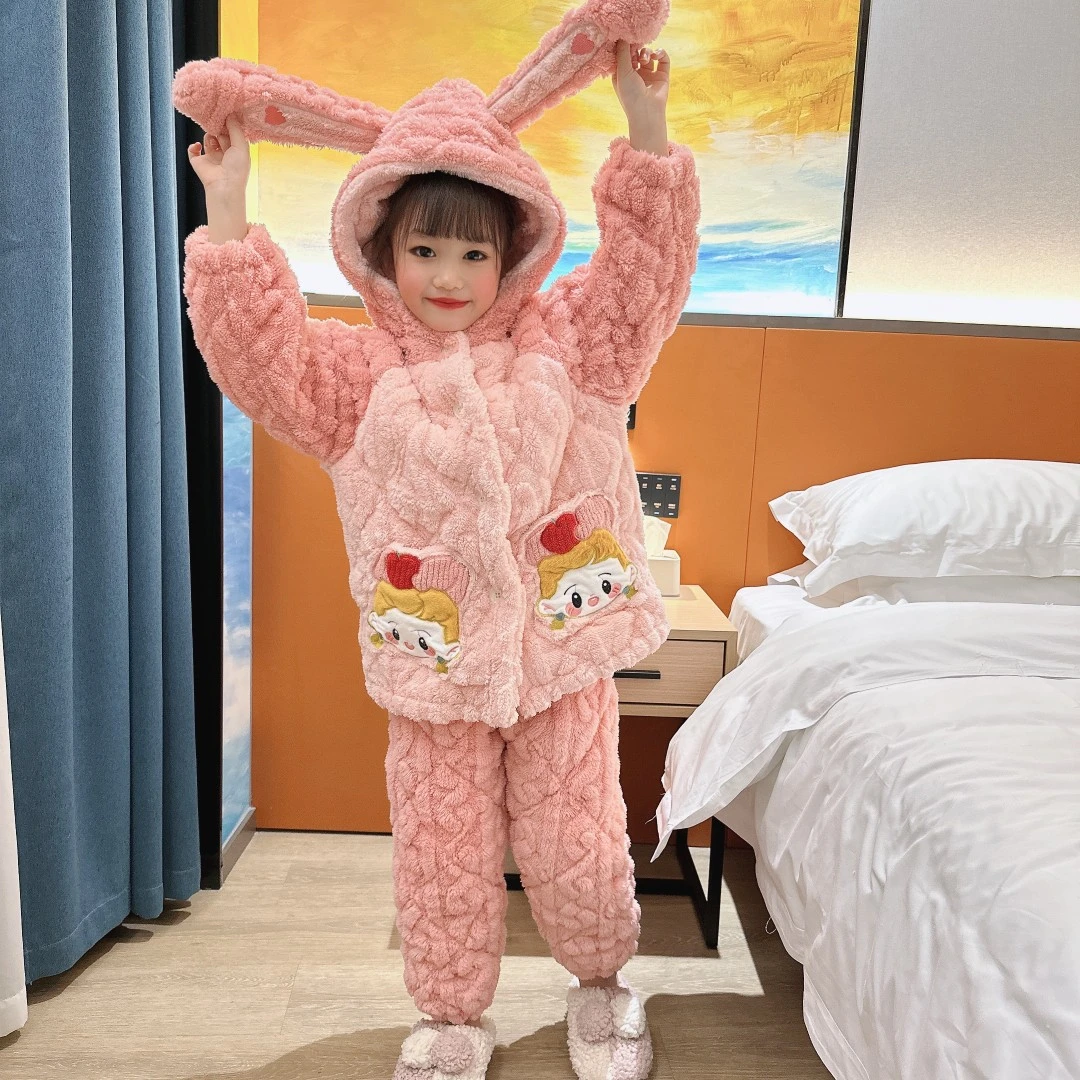 2023女童睡衣冬季加厚款珊瑚绒儿童家居服女孩三层夹棉冬款加绒新