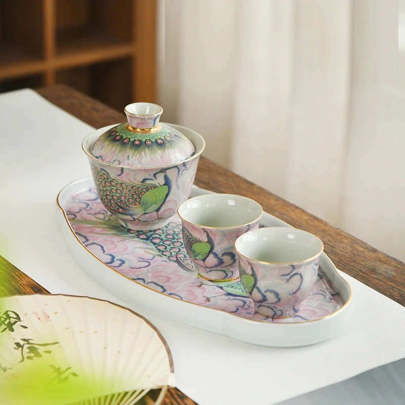 孔雀三才盖碗功夫茶具小套组泡茶器品茶杯伴手礼高档礼盒装干泡盘