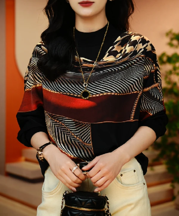 高端长袖时尚上衣女显瘦显白百搭印花圆领减龄