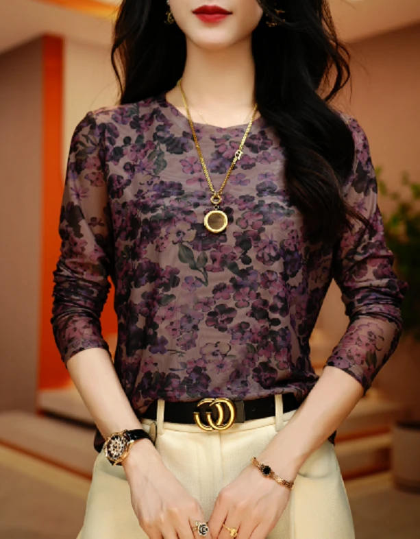 金美 新款肌肤网纱上衣小衫透气双层高级套头洋气气质