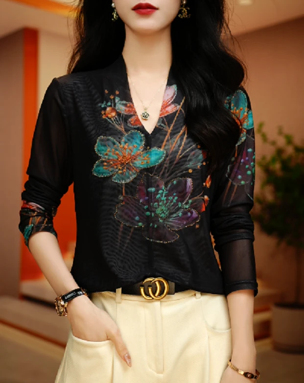 早秋肌肤网纱上衣透气双层高级百搭套头