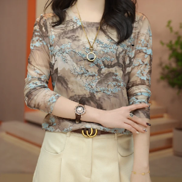 新款肌肤纱上衣透气双层高级套头洋气显瘦小衫S23G87