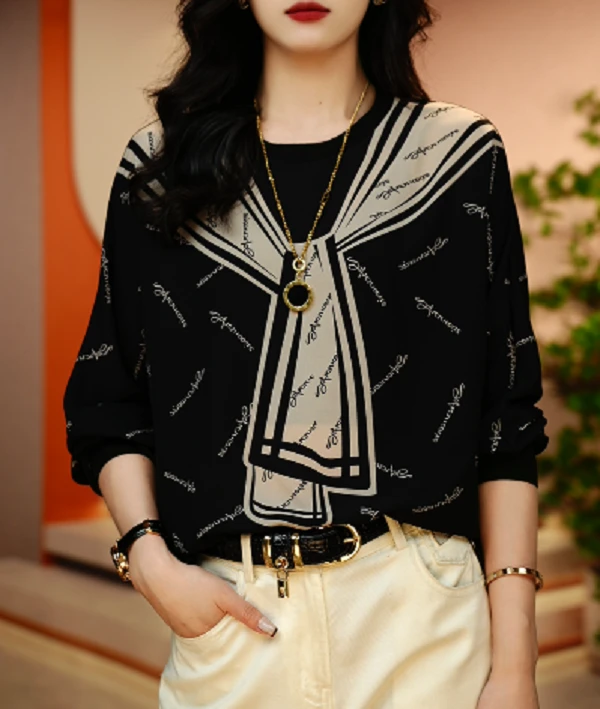 高端长袖时尚上衣女显瘦显白百搭印花圆领减龄