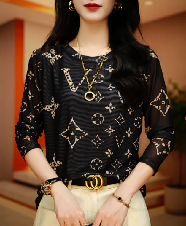 早秋肌肤网纱上衣透气双层高级百搭套头