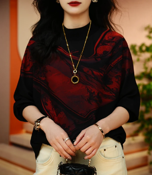 高端长袖时尚上衣女显瘦显白百搭印花圆领减龄