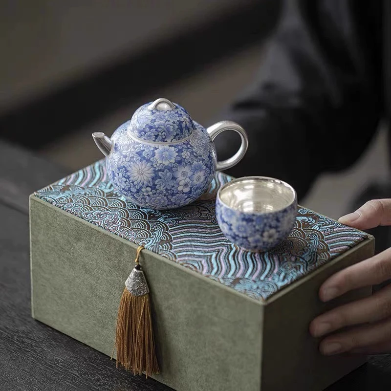 珐琅彩青花纯银鎏银茶壶茶具套组一壶一杯功夫茶具主人杯套装复古