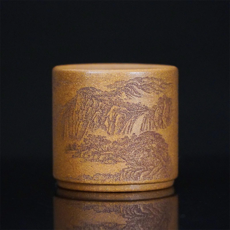 宜兴紫砂刘军林原矿黄降坡泥刻绘山水杯110cc家用功夫茶杯保真品