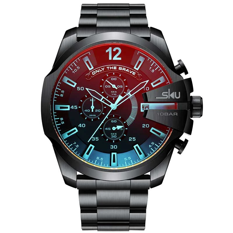 SKU时尚偏光大表盘男士计时手表男腕表欧美炫酷男款百搭黑色