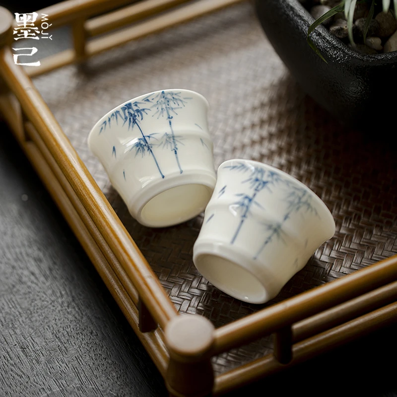 墨己-玉泥-青花竹逸-竹节茶杯