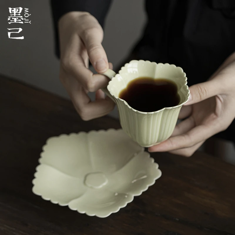 墨己芦苇青-小花边-咖啡杯两件套