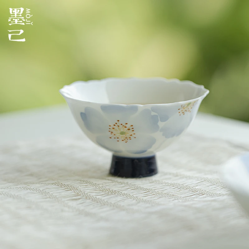 墨己-玉泥-蓝影海棠-高足花口茶杯