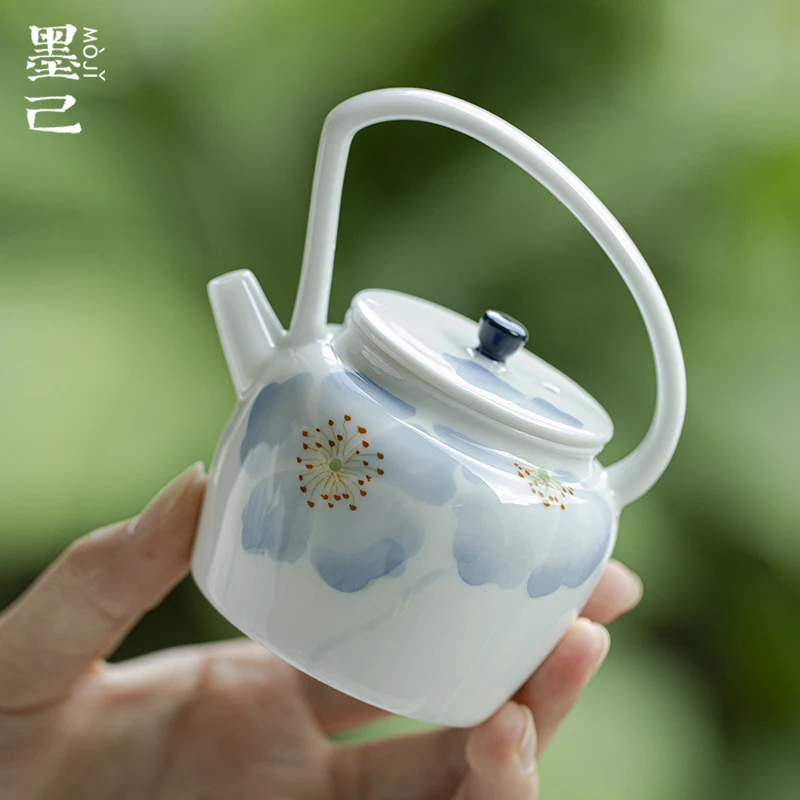 墨己-玉泥-蓝影海棠-斜把提梁壶