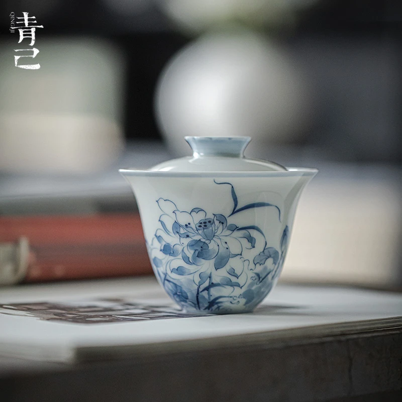 青己-玉瓷-盎然春意-归栀盖碗青花手绘釉下彩泡茶碗容量120ml