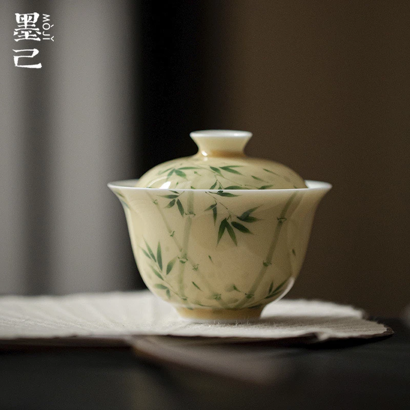 墨己 粉彩手绘湘妃竹盖碗 功夫茶具陶瓷泡茶碗 黄原矿釉竹子茶碗
