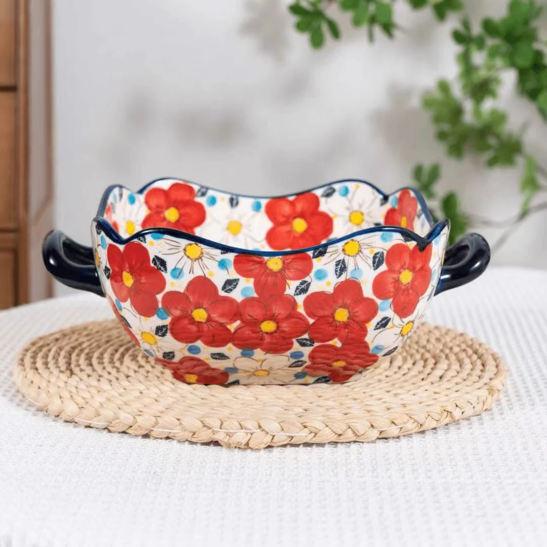 新疆包邮【半夏嫣红】手绘陶瓷餐具四方双耳提柄汤锅带汤勺