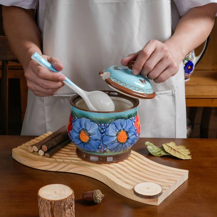 琉璃蓝600ML家用秋冬家居手绘欧式1个带盖调料罐陶瓷米饭碗家庭装