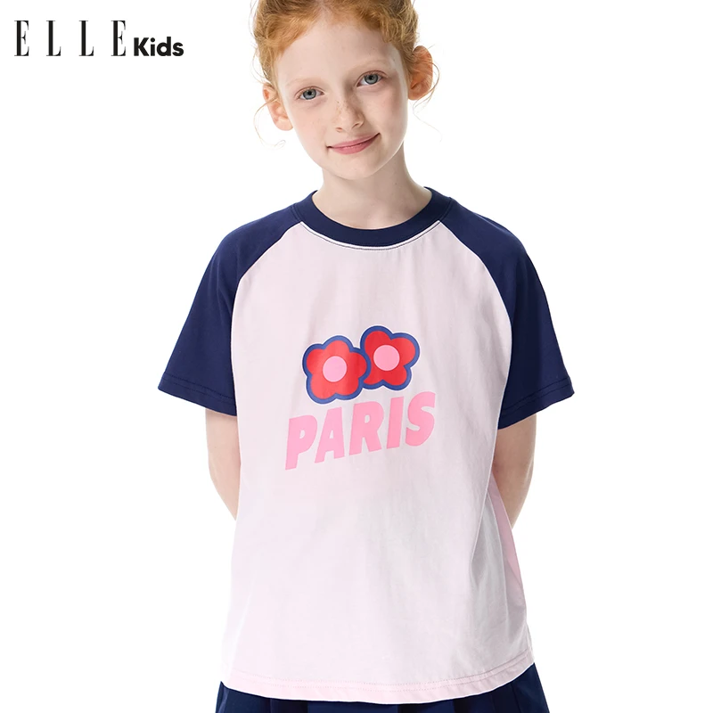 ELLE KIDS夏季女童装休闲运动百搭时尚清新印花圆领T恤zs