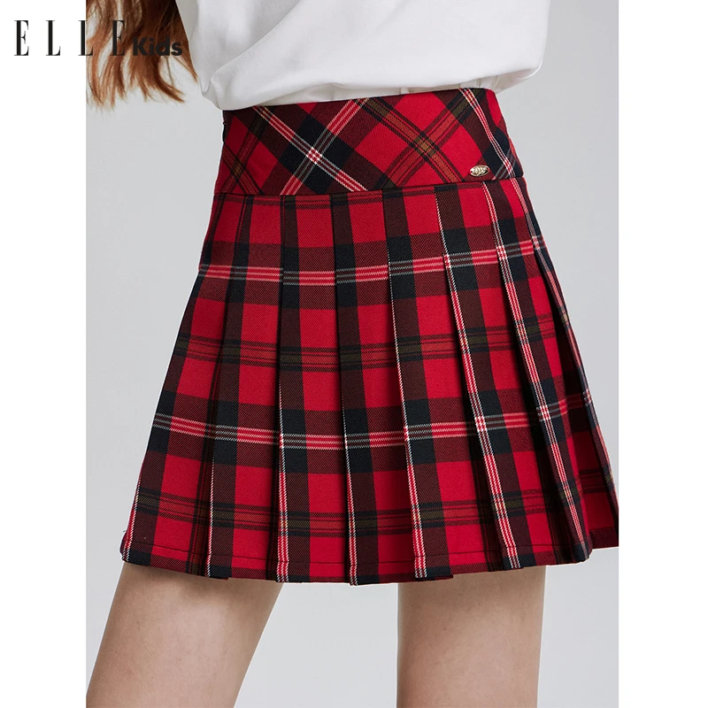 ELLE KIDS童装春秋洋气时尚吸睛学院风红色格子压褶A字半裙Q2