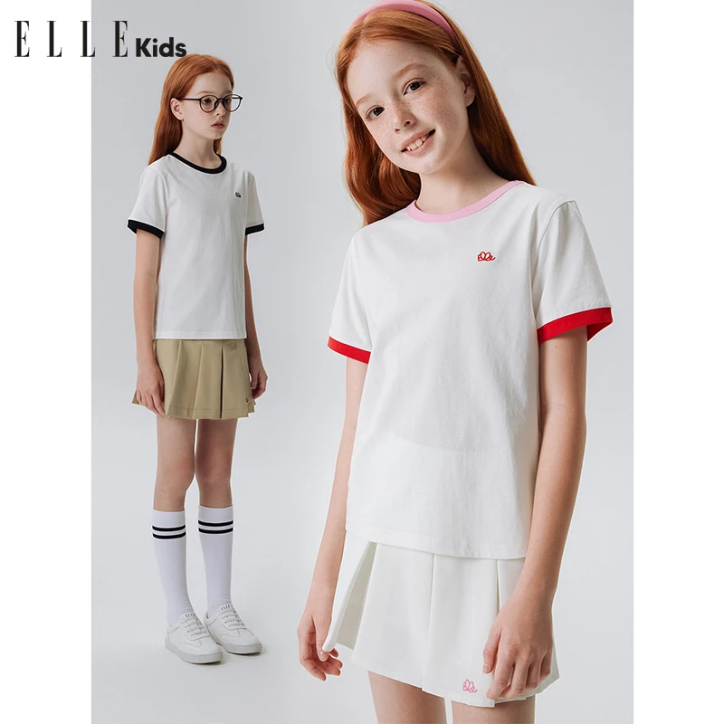 ELLE KIDS童装夏季运动户外休闲百搭透气排汗撞色绣花短袖A5