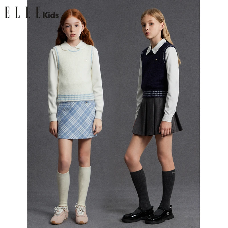 ELLE KIDS学院风羊毛小个子针织背心女童秋冬套头毛衣背心D1