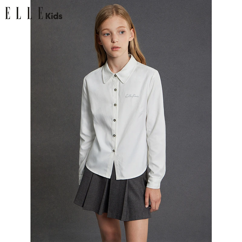ELLE KIDS法式学院风柔丝绒衬衫小个子女童秋冬季百搭打底衬衣D1