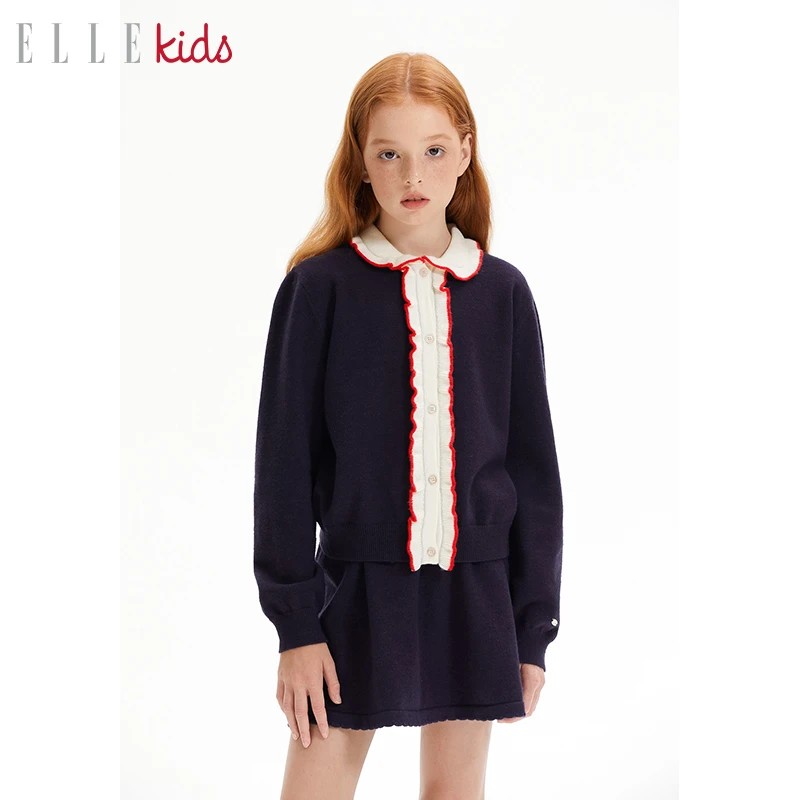 ELLEkids童装 法式学院风冬季套装女童娃娃领毛衣开衫半裙两件套