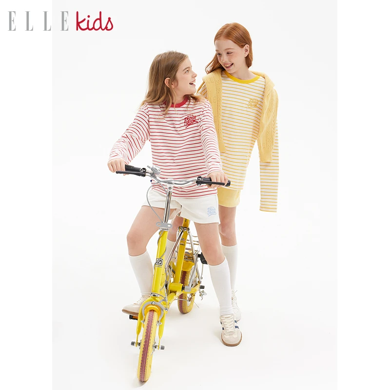 ELLE KIDS童装  条纹全棉宽松绣花女童百搭T恤儿童春季新款C1