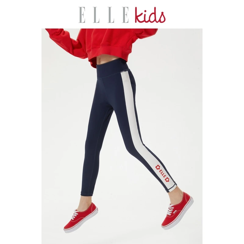 ELLE KIDS童装 拼色印花学院风打底裤女童秋季高弹瑜伽长裤子