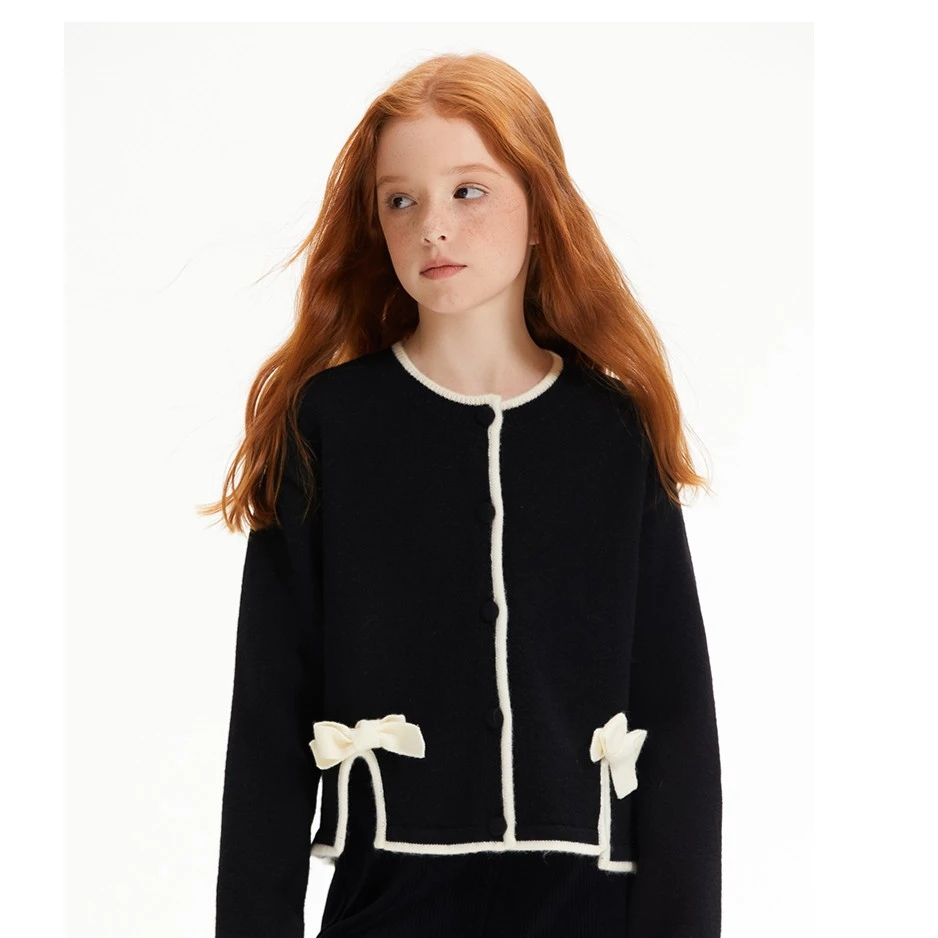 ELLEkids童装法式度假羊毛毛衣开衫女童过年节蝴蝶结秋冬新款上衣