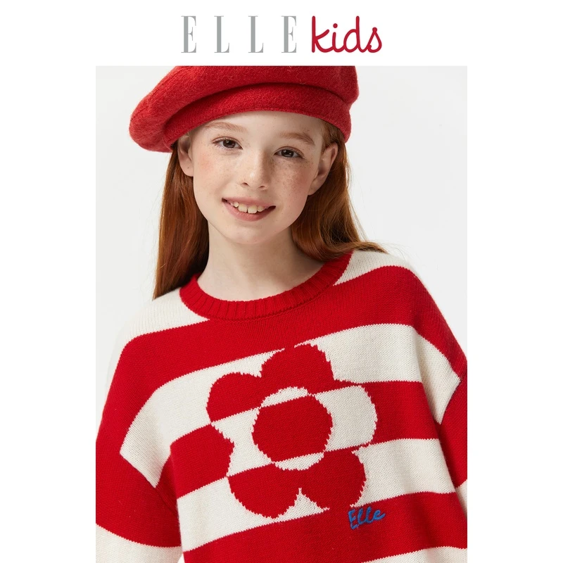 【ELLEkids】童装 羊毛混纺花朵条纹绣花套头毛衣秋季新款针织衫