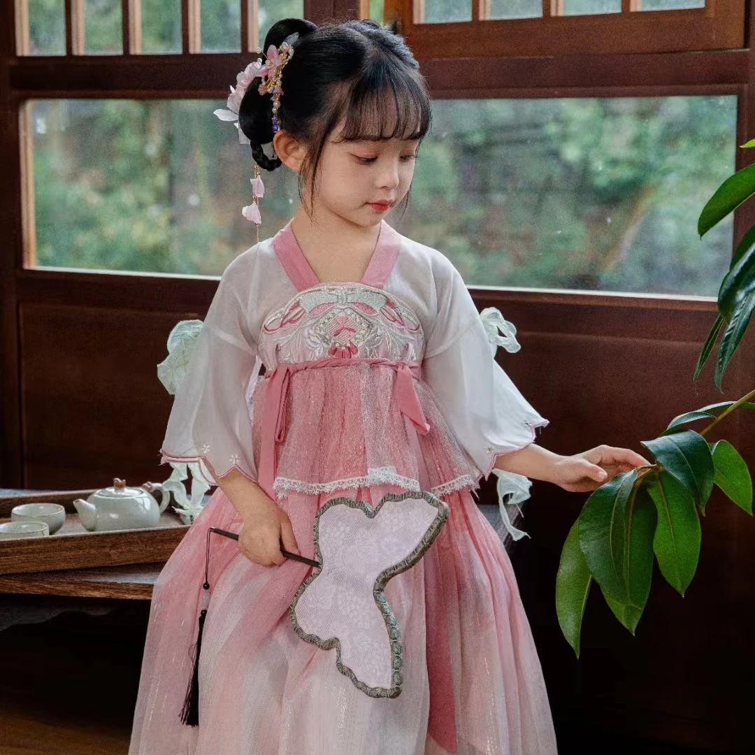 R8117-【星灿】汉元素花瓣汉服裙2024古风甜美礼服裙女童