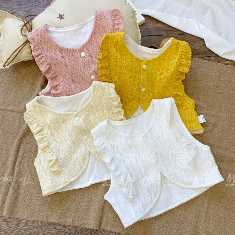 春秋款女宝外穿洋气坎肩双层花边针织双层保暖小马甲