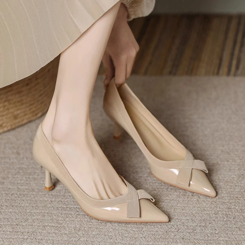 蝴蝶结尖头细跟高跟鞋2025春秋款气质名媛风女鞋仙女风尖头高跟鞋
