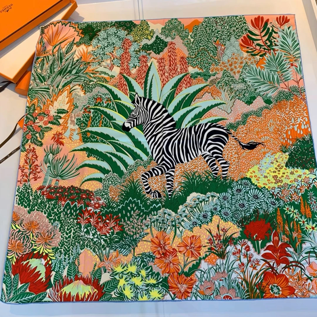 90*90方巾夏季时尚仿真丝领巾斑马披肩百搭薄款轻奢双面印染洋气