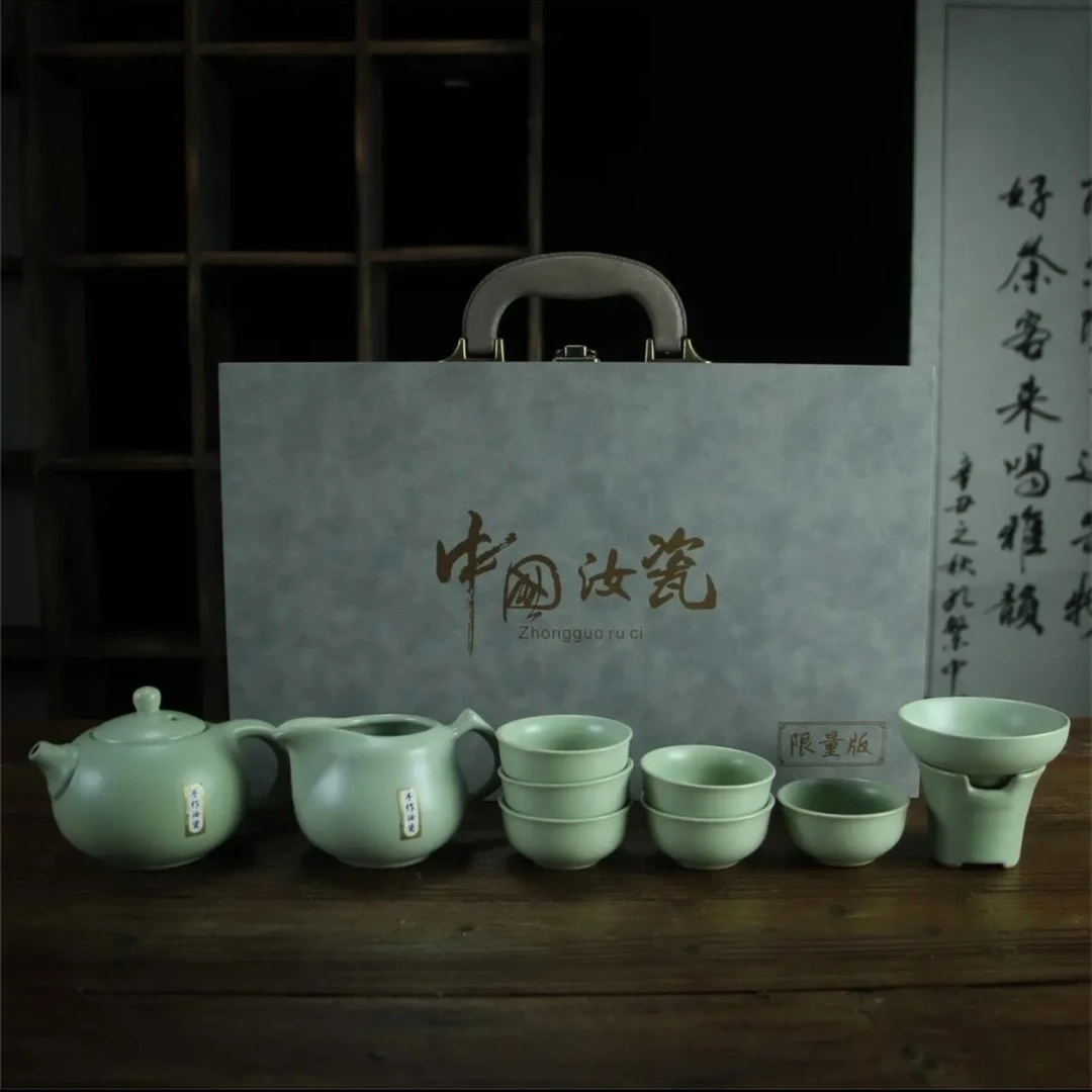 手作汝瓷天青色西施壶款陶瓷茶具套装一整套带证书