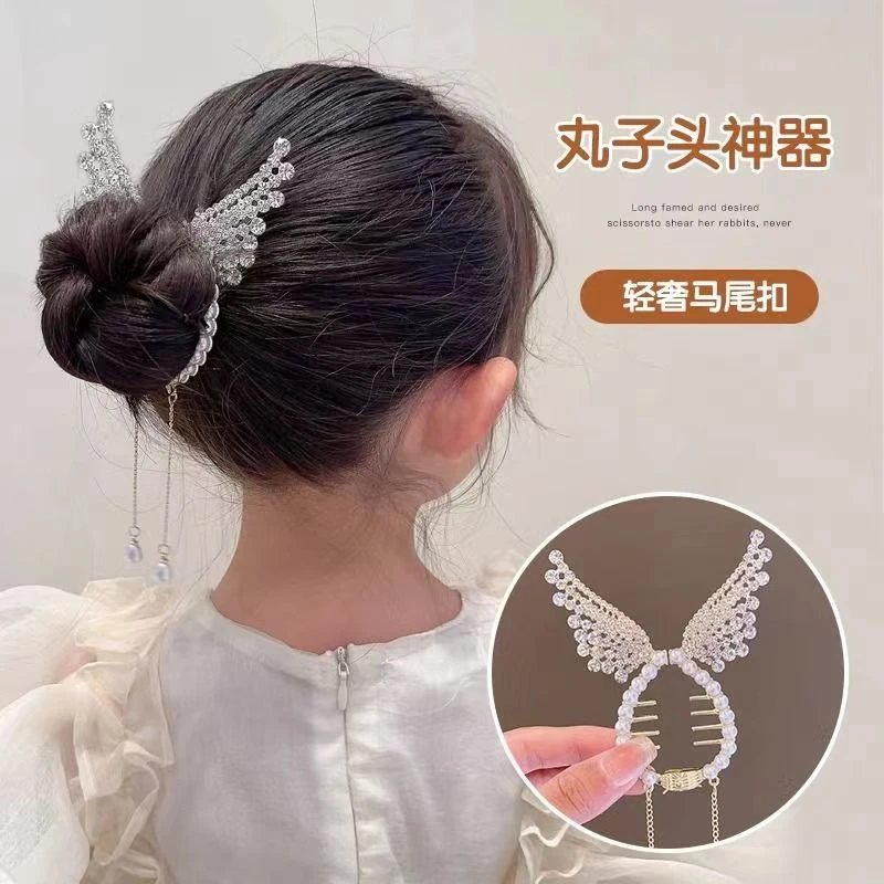 2023新款儿童丸子头发扣高马尾夹后脑勺盘发神器花朵流苏珍珠头饰