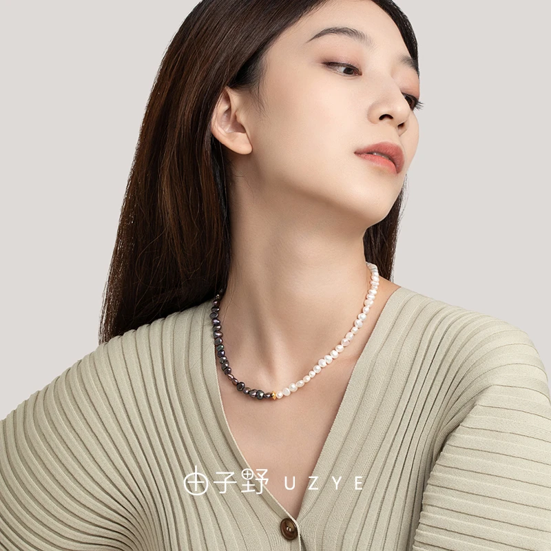 链子925银 黑白拼接项链925银镀金 简约复古巴洛克气质锁骨链