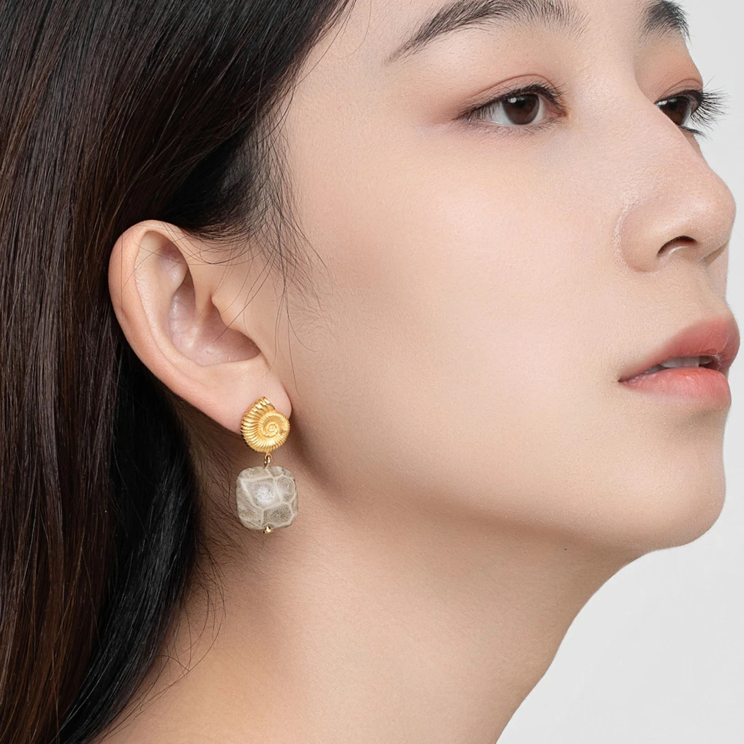 925银耳饰 新品 【珊瑚化石耳钉】925银镀18K金 多样性发